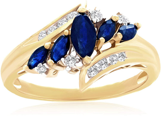 14K Yellow Gold, Marquise Cut Blue Sapphire & 1/10 Cttw Diamonds Channel Set Bypass Engagement Ring (I-J Color, I2-I3 Clarity) - Size 7