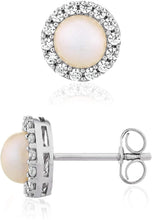 .925 Sterling Silver Freshwater Pearl & Cubic Zirconia Halo Stud Earrings