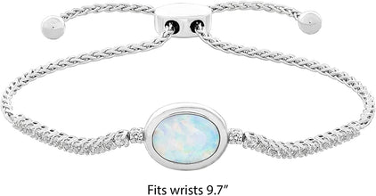 .925 Sterling Silver Oval Created White Opal & Created White Sapphire Bezel Set Bolo Bracelet - Adjustable to 9-1/2