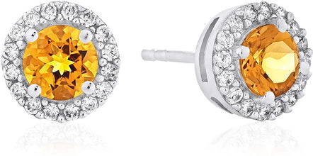.925 Sterling Silver Birthstone and Lab Grown White Sapphire or CZ Halo Stud Earrings - Choice of Gem Color/Month