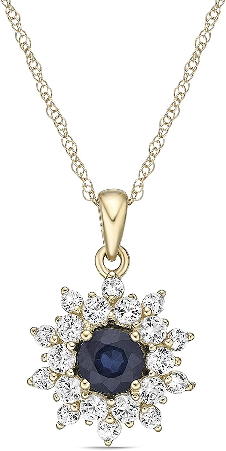 10K Yellow Gold Round Genuine Precious Gemstone & White Topaz Halo Pendant Necklace - 18" Rope Chain
