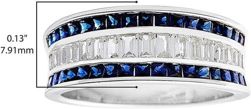 .925 Sterling Silver Baguette Cut & Princess Cut Gemstone Channel Set Band Statement Ring - Choice of Cubic Zirconia or Created Blue & White Sapphire