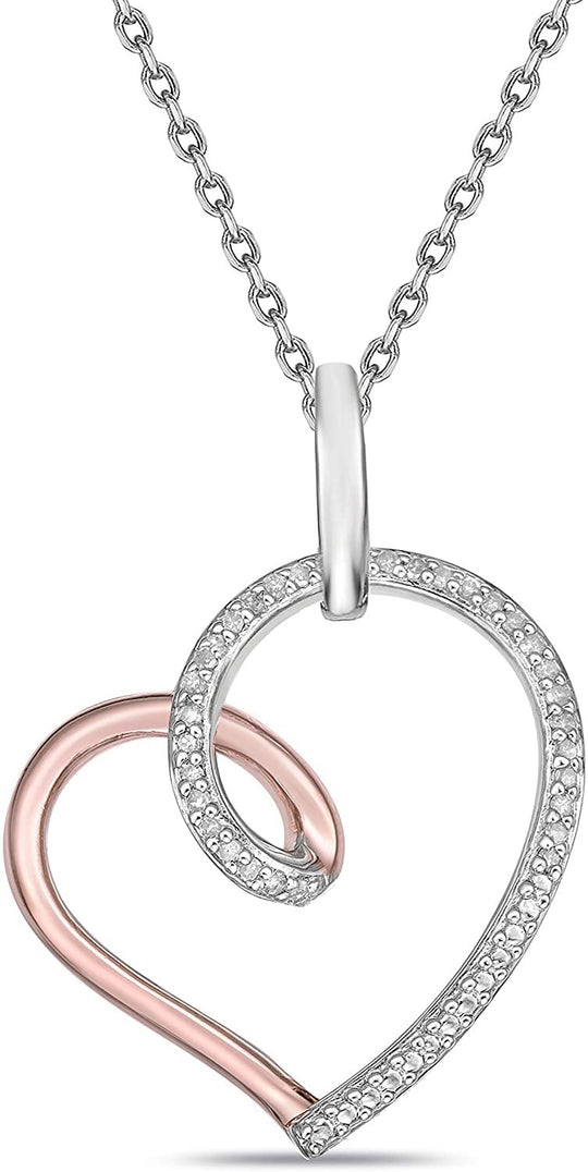 Two Tone 14K Rose Gold Plated .925 Sterling Silver 1/10 Cttw Diamond Asymmetrical Looped Open Heart Pendant Necklace - 20” (I-J Color, I2-I3 Clarity)