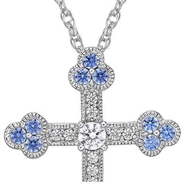 .925 Sterling Silver Round White and Fancy Blue Cubic Zirconia Cross Botonnée Pendant Necklace with Rope Chain - 20”