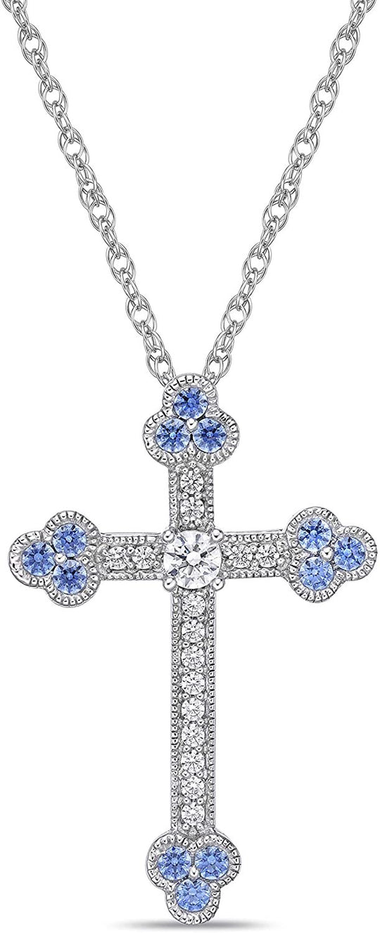 .925 Sterling Silver Round White and Fancy Blue Cubic Zirconia Cross Botonnée Pendant Necklace with Rope Chain - 20”