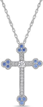 .925 Sterling Silver Round White and Fancy Blue Cubic Zirconia Cross Botonnée Pendant Necklace with Rope Chain - 20”