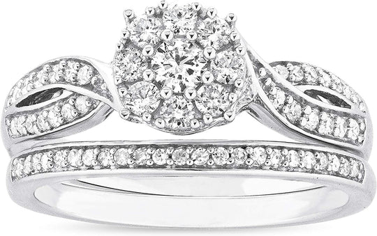 .925 Sterling Silver 1/2 Cttw Diamond Cluster Crossover Flared Engagement Ring & Straight Wedding Band Bridal Set (H-I Color, I1-I2 Clarity)