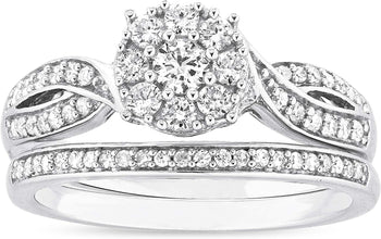 .925 Sterling Silver 1/2 Cttw Diamond Cluster Crossover Flared Engagement Ring & Straight Wedding Band Bridal Set (H-I Color, I1-I2 Clarity)