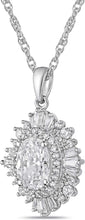 .925 Sterling Silver & Round, Oval, and Baguette Cut White Cubic Zirconia Halo Starburst Vintage Reproduction Oval Pendant Necklace - 20”