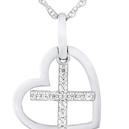 .925 Sterling Silver White Cubic Zirconia Heart and Cross Charm Pendant Necklace with Rope Chain - 20”