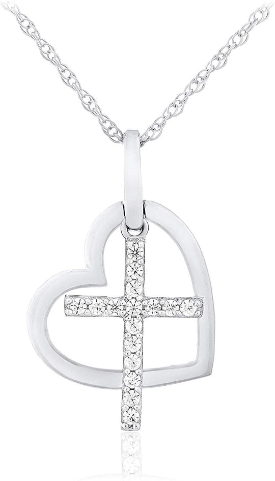 .925 Sterling Silver White Cubic Zirconia Heart and Cross Charm Pendant Necklace with Rope Chain - 20”