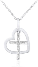 .925 Sterling Silver White Cubic Zirconia Heart and Cross Charm Pendant Necklace with Rope Chain - 20”
