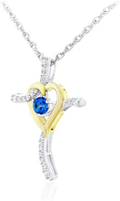 Two Tone 14K Yellow Gold Plated .925 Sterling Silver, Dangling Gemstone & Lab Grown White Sapphire Heart Cross Pendant Necklace 20” - Choice of Color