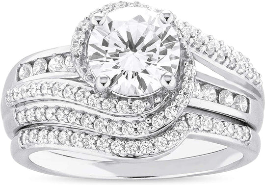 .925 Sterling Silver Round Cubic Zirconia Swirled Twisted Style Engagement Ring & Wedding Band 2-piece Bridal Set