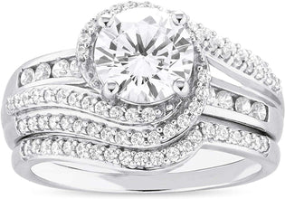 .925 Sterling Silver Round Cubic Zirconia Swirled Twisted Style Engagement Ring & Wedding Band 2-piece Bridal Set