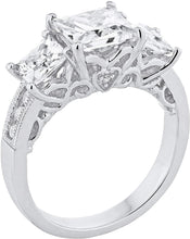 .925 Sterling Silver & Princess Cut Cubic Zirconia Three Stone Filigree Heart Anniversary or Engagement Ring