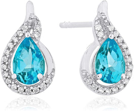 .925 Sterling Silver Pear-Shaped Birthstone & Lab Grown White Sapphire or CZ Teardrop Stud Earrings - Choice of Gem Color/Month