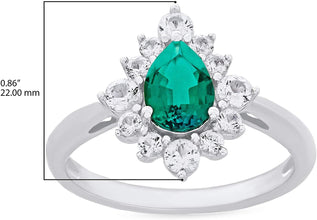 .925 Sterling Silver, Pear Cut Lab-Grown Gemstone & Round Lab-Grown White Sapphire Halo Teardrop Engagement Ring - Choice of Gem Color