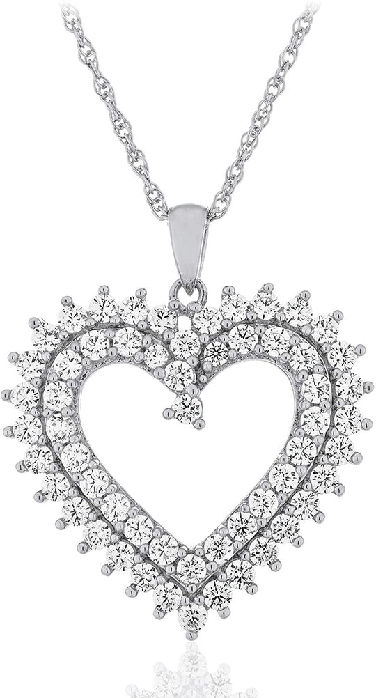 .925 Sterling Silver Cubic Zirconia Double Heart Pendant Necklace with 18" Rope Chain