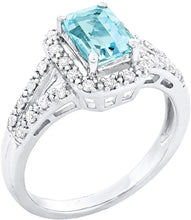 .925 Sterling Silver, Emerald Cut Blue Aquamarine & Cubic Zirconia Halo Tapered Split Shank Engagement Ring