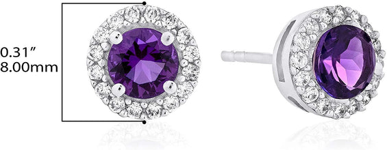 .925 Sterling Silver Birthstone and Lab Grown White Sapphire or CZ Halo Stud Earrings - Choice of Gem Color/Month