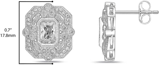 .925 Sterling Silver Emerald & Round Cut White Cubic Zirconia Milgrain Bezel Vintage Reproduction Geometric Stud Earrings