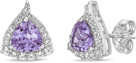 .925 Sterling Silver Trillion Cut Birthstone & Created White Sapphire Halo Stud Earrings - Choice of Birthstone/Month