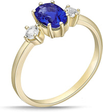 14K Yellow Gold Plated .925 Sterling Silver Oval Cut Birthstone & Created White Sapphire Three Stone Engagement Ring - Choice of Birthstone/Month