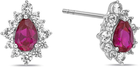 .925 Sterling Silver, Pear Cut Lab-Grown Gemstone & Round Lab-Grown White Sapphire Halo Teardrop Drop Style Stud Earrings - Choice of Gem Color