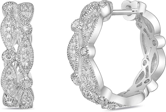.925 Sterling Silver 1/3 Cttw Diamond Two Row Marquise and Round Huggie Style Hoop Earrings (I-J Color, I2-I3 Clarity)