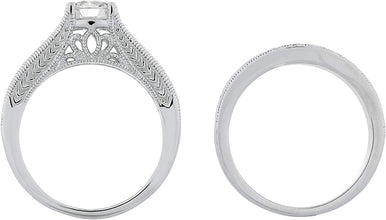 .925 Sterling Silver & Round Cubic Zirconia Graduated Cathedral Style Engagement Ring and Channel Set Wedding Band Milgrain Bridal Set