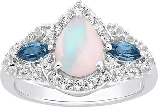 .925 Sterling Silver Pear Shape Lab Grown Opal, Marquise Blue Topaz, & Round Lab Grown White Sapphire Three Stone Ring