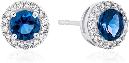 .925 Sterling Silver Birthstone and Lab Grown White Sapphire or CZ Halo Stud Earrings - Choice of Gem Color/Month
