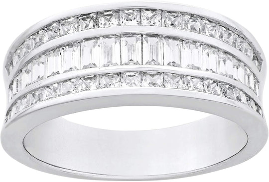 .925 Sterling Silver Baguette Cut & Princess Cut Gemstone Channel Set Band Statement Ring - Choice of Cubic Zirconia or Created Blue & White Sapphire