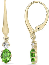 14K Yellow Gold Plated .925 Sterling Silver Oval Cut Birthstone & Created White Sapphire Leverback Dangle Earrings - Choice of Birthstone/Month