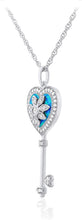 .925 Sterling Silver, Heart Shaped Lab-Created Blue Green Opal Inlay & Lab-Grown White Sapphire Milgrain Edged Heart Key Pendant Necklace - 18