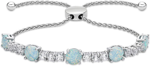 .925 Sterling Silver, Lab Grown Opal & Lab Grown White Sapphire Alternating Stone Wheat Chain Adjustable Bolo Bracelet - 6”-9-3/5” - Choice of Color