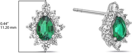 .925 Sterling Silver, Pear Cut Lab-Grown Gemstone & Round Lab-Grown White Sapphire Halo Teardrop Drop Style Stud Earrings - Choice of Gem Color