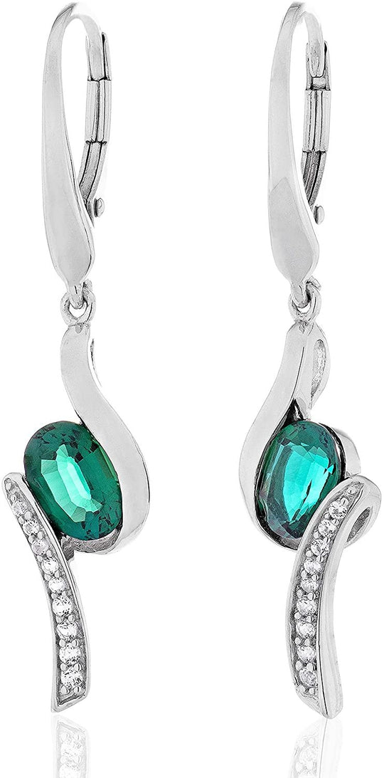 .925 Sterling Silver Oval Lab created Gemstone & Lab Created White Sapphire Bypass Dangling Earrings - Choice of stone