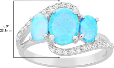 .925 Sterling Silver, Oval Lab Grown Blue Opal Cabochons & Lab Grown White Sapphire Faux Bypass 3 Stone Split Shank Statement Ring