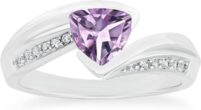 .925 Sterling Silver Trillion-Cut Birthstone & Lab Grown White Sapphire or CZ Double Shank Bypass Style Fashion Ring - Choice of Gem Color/Month