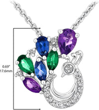 .925 Sterling Silver, Pear & Marquise Cut Amethyst, Lab-Grown Emerald & Lab-Grown Blue and White Sapphire Peacock Pendant Necklace - 18