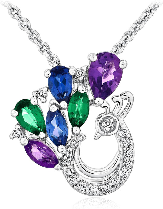 .925 Sterling Silver, Pear & Marquise Cut Amethyst, Lab-Grown Emerald & Lab-Grown Blue and White Sapphire Peacock Pendant Necklace - 18"