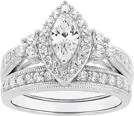 .925 Sterling Silver Cubic Zirconia Marqise Halo Milgrain Engagement Ring with Half-Eternity Wedding Band Bridal Set