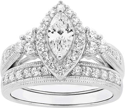 .925 Sterling Silver Cubic Zirconia Marqise Halo Milgrain Engagement Ring with Half-Eternity Wedding Band Bridal Set