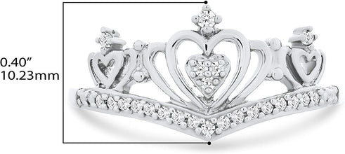 .925 Sterling Silver 1/10 Cttw Diamond Heart Crown V Shaped Band Style Fashion Ring (I-J Color, I2-I3 Clarity)