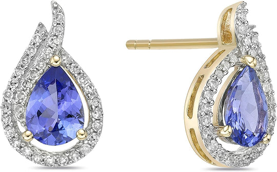 10K Yellow Gold, Pear Cut Violet Tanzanite & 1/4 Cttw Diamond Halo Teardrop Stud Earrings (H-I Color, I1-I2 Clarity)
