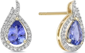 10K Yellow Gold, Pear Cut Violet Tanzanite & 1/4 Cttw Diamond Halo Teardrop Stud Earrings (H-I Color, I1-I2 Clarity)