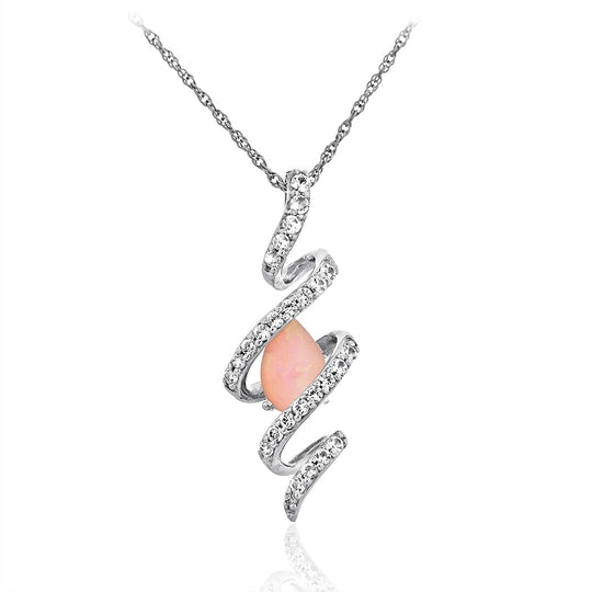.925 Sterling Silver Pear Shape Lab Grown Pink Opal & Lab Grown White Sapphires in Helix Style Pendant Necklace on 18" Rope Chain