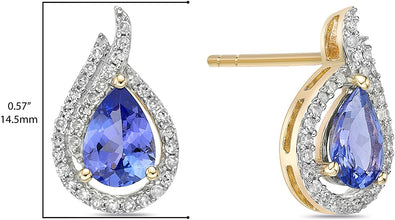 10K Yellow Gold, Pear Cut Violet Tanzanite & 1/4 Cttw Diamond Halo Teardrop Stud Earrings (H-I Color, I1-I2 Clarity)